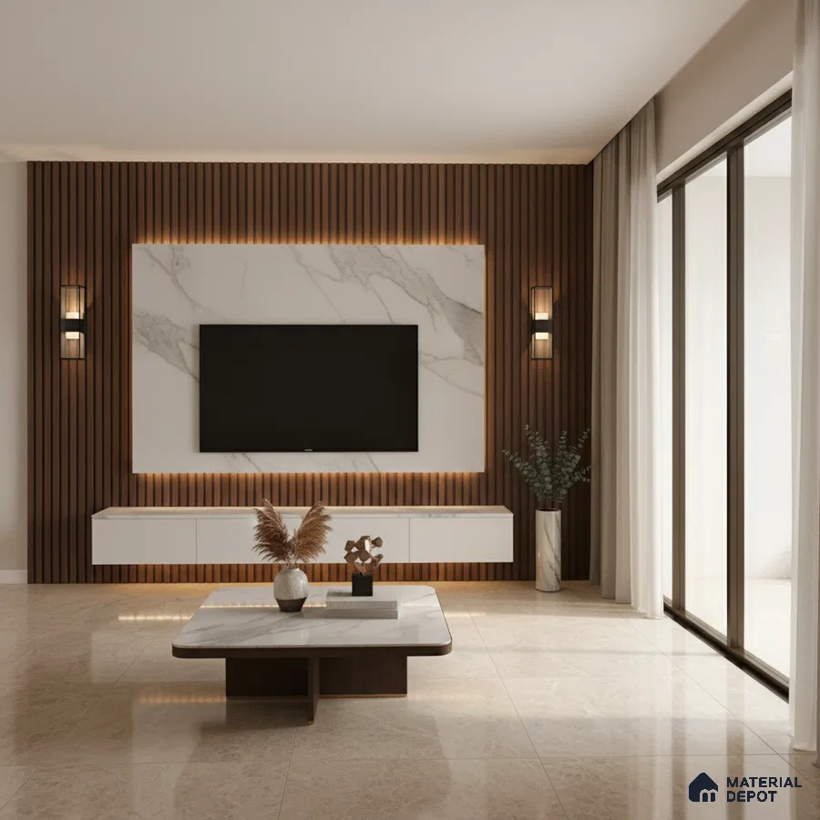 Modern living room with grey marble accent wall, wooden louver panel, and beige marble floor tiles in Bengaluru