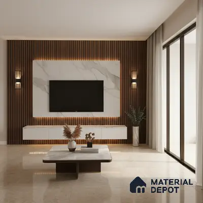 Modern living room with grey marble accent wall, wooden louver panel, and beige marble floor tiles in Bengaluru