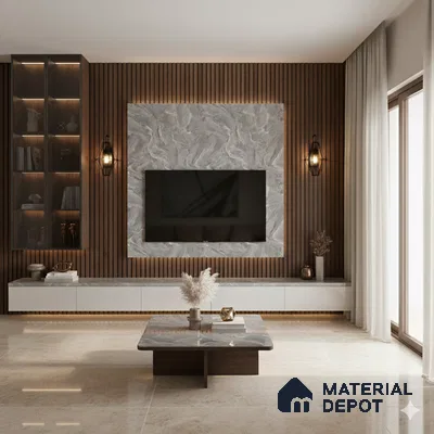 Modern living room with grey marble laminate TV wall, wooden louvers, and beige marble floor tiles in Bengaluru