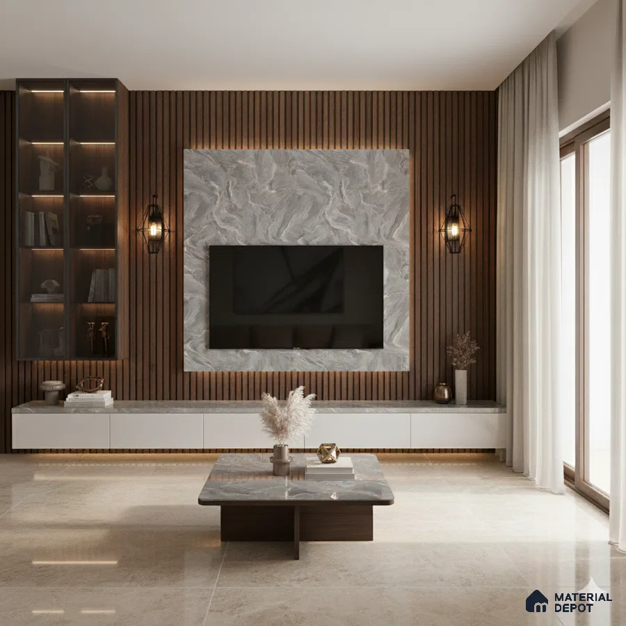 Modern living room with grey marble laminate TV wall, wooden louvers, and beige marble floor tiles in Bengaluru