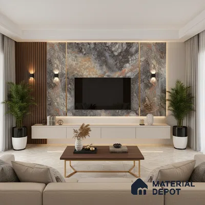 Modern living room with grey marble laminate TV wall, wooden fluted panels, and beige marble floor tiles in Bengaluru