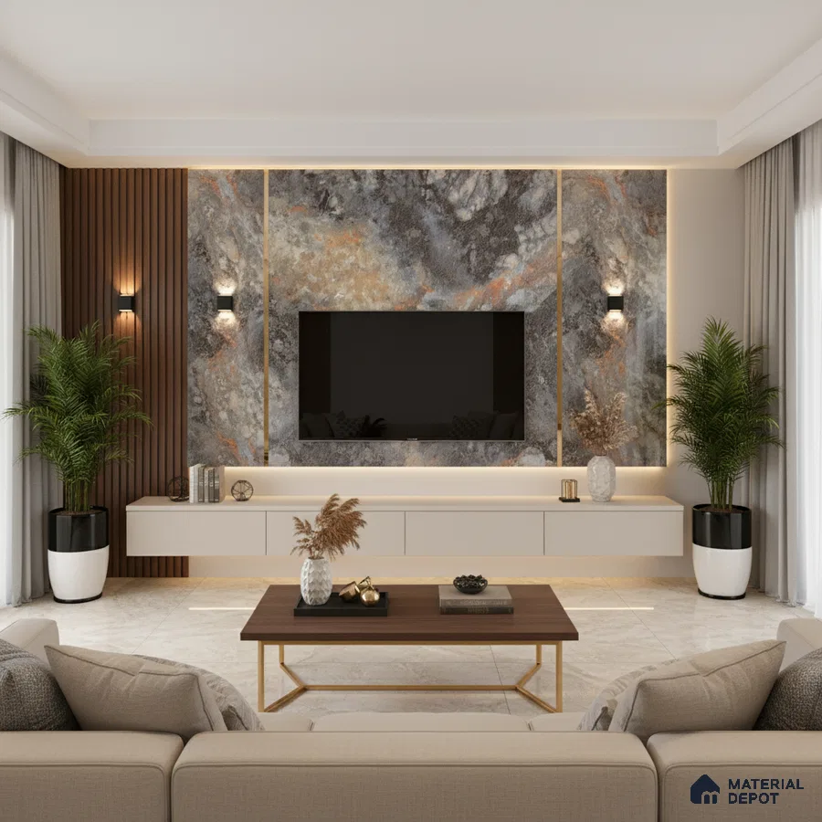 Modern living room with grey marble laminate TV wall, wooden fluted panels, and beige marble floor tiles in Bengaluru