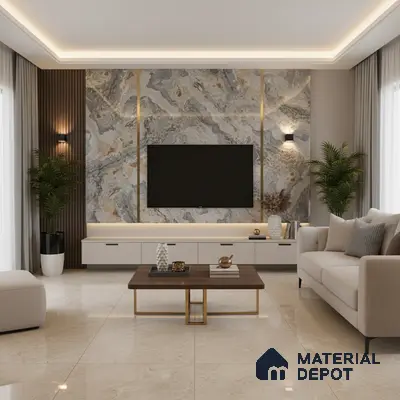 Modern living room with white marble laminate TV unit, wooden fluted wall panels, and beige floor tiles in Bengaluru