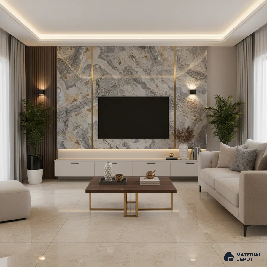 Modern living room with white marble laminate TV unit, wooden fluted wall panels, and beige floor tiles in Bengaluru
