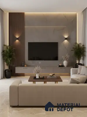 Modern living room with black marble laminate TV wall, walnut wood louvers, and beige floor tiles in Bengaluru