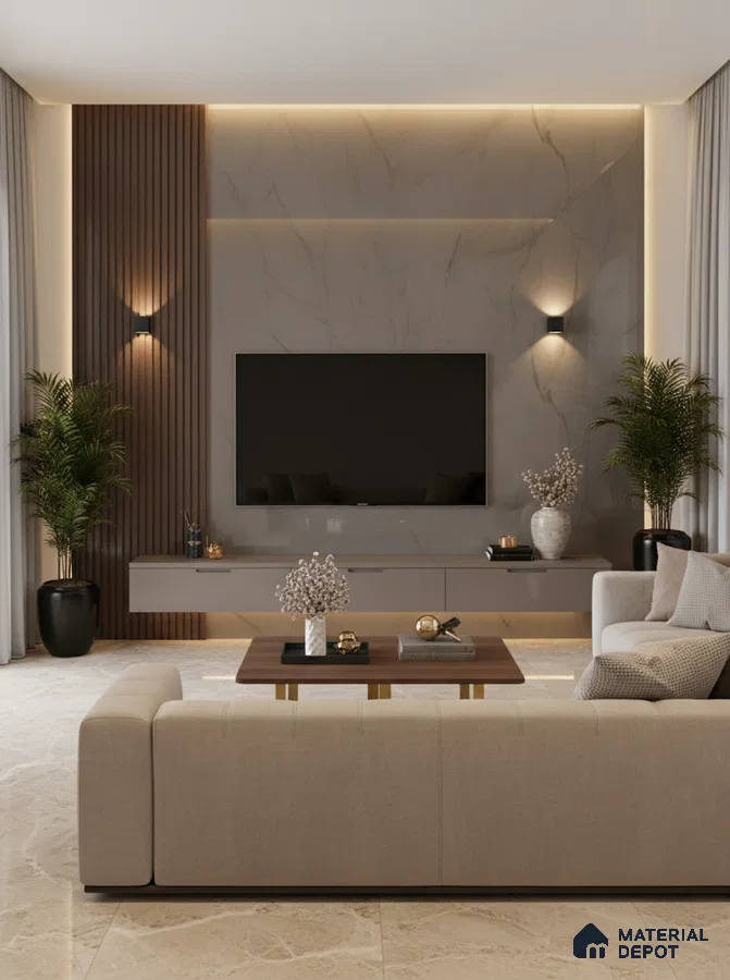 Modern living room with black marble laminate TV wall, walnut wood louvers, and beige floor tiles in Bengaluru