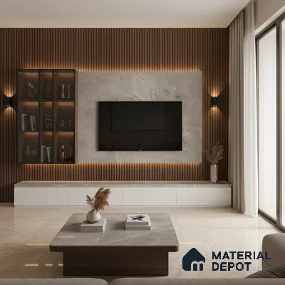 Modern living room with marble laminate TV unit, walnut wood louvers, and beige marble floor tiles in Bengaluru