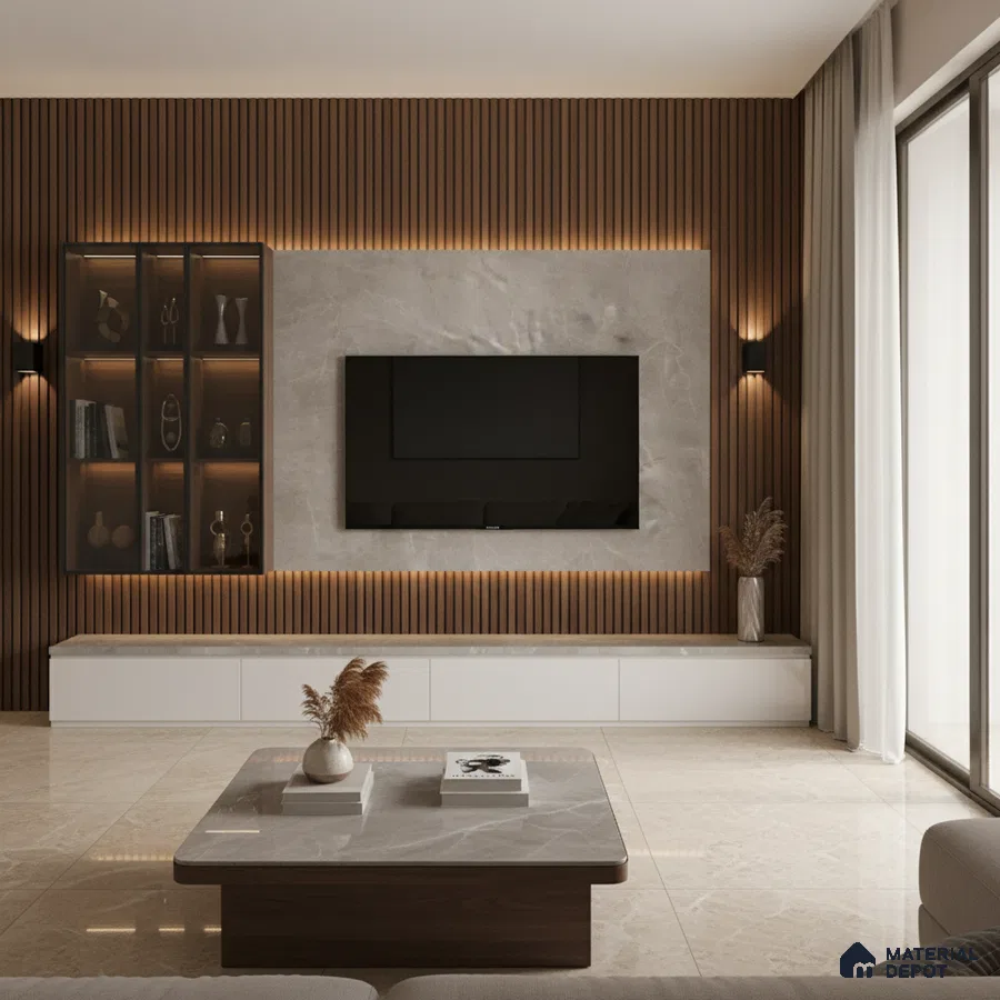 Modern living room with marble laminate TV unit, walnut wood louvers, and beige marble floor tiles in Bengaluru