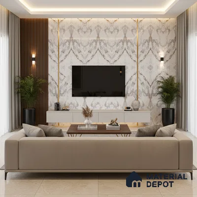 Modern living room with marble laminate TV unit, wooden fluted wall panels, and beige marble floor tiles in Bengaluru