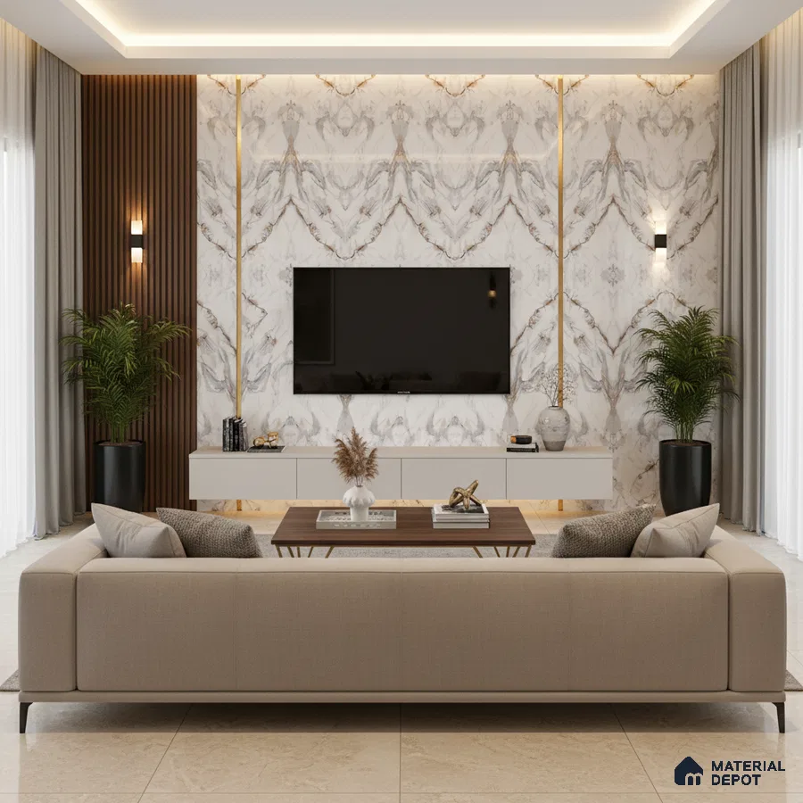 Modern living room with marble laminate TV unit, wooden fluted wall panels, and beige marble floor tiles in Bengaluru