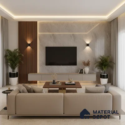 Modern living room with beige marble wall, wooden louvers, and glossy marble floor tiles in Bengaluru