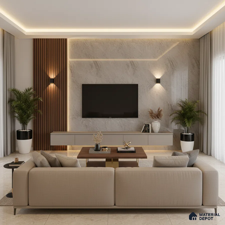 Modern living room with beige marble wall, wooden louvers, and glossy marble floor tiles in Bengaluru