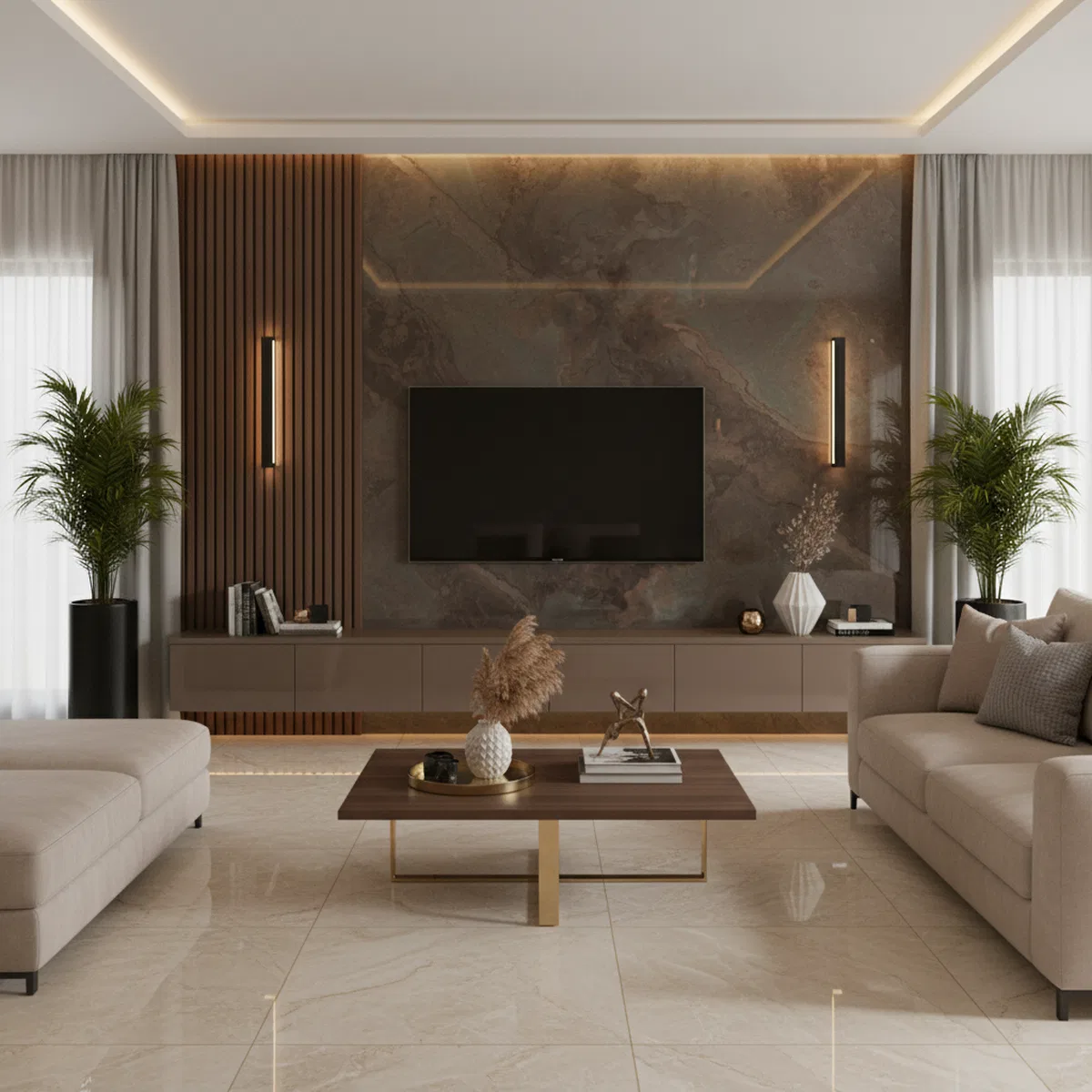 Modern living room with marble-look TV wall, wooden louvers, and beige ...