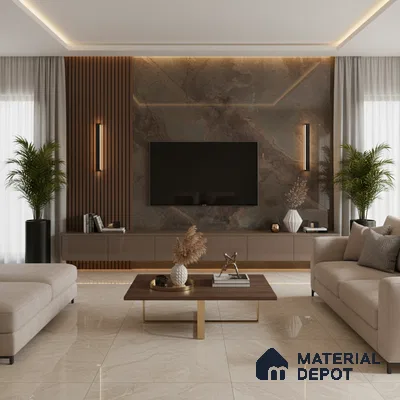 Modern living room with white marble laminate TV unit, walnut brown fluted wall panels, and beige marble floor tiles in Bengaluru