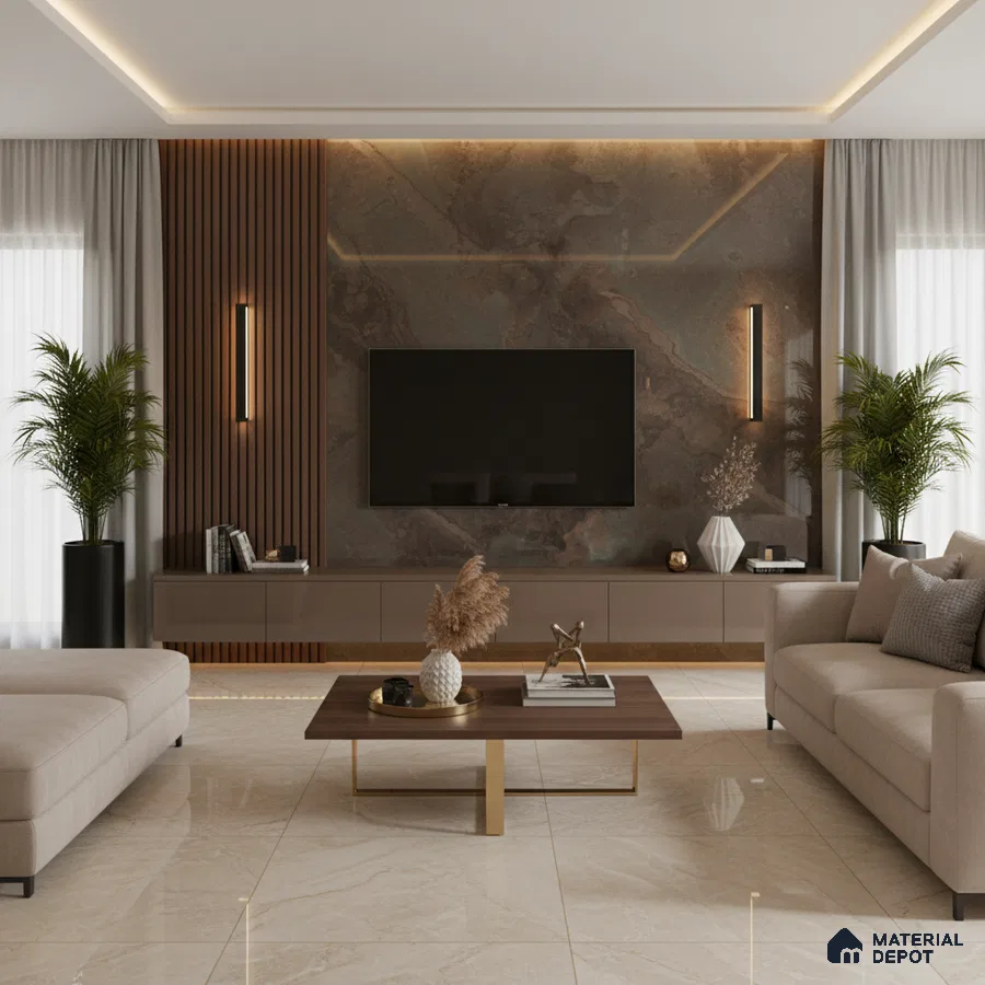 Modern living room with white marble laminate TV unit, walnut brown fluted wall panels, and beige marble floor tiles in Bengaluru