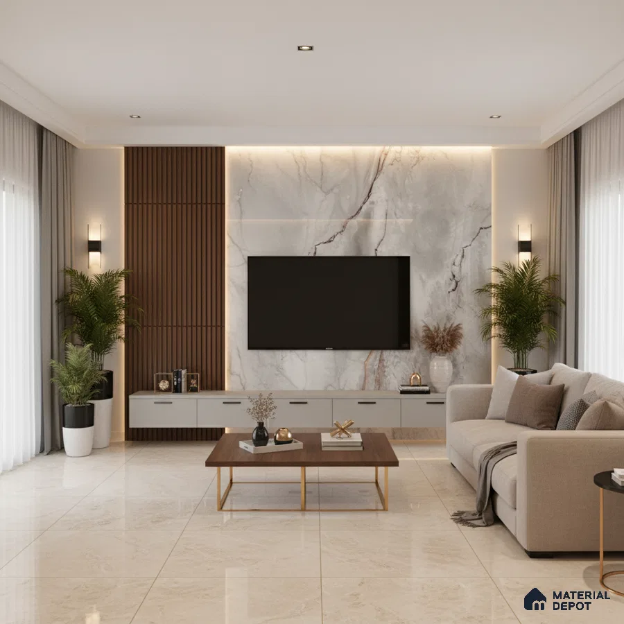Modern living room with stone textured TV wall, wooden fluted panel, and beige marble floor tiles in Bengaluru