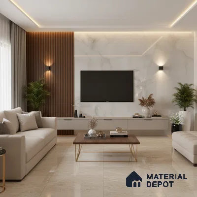 Modern living room with white marble laminate TV wall, walnut wood louvers, and beige marble floor tiles in Bengaluru