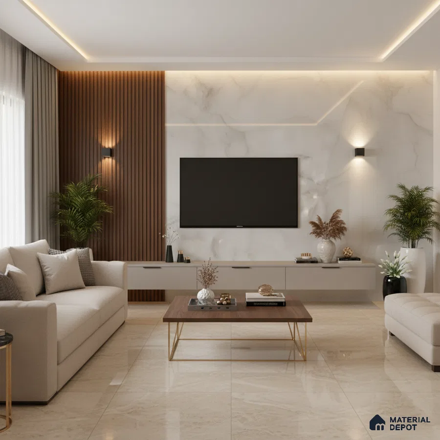 Modern living room with white marble laminate TV wall, walnut wood louvers, and beige marble floor tiles in Bengaluru