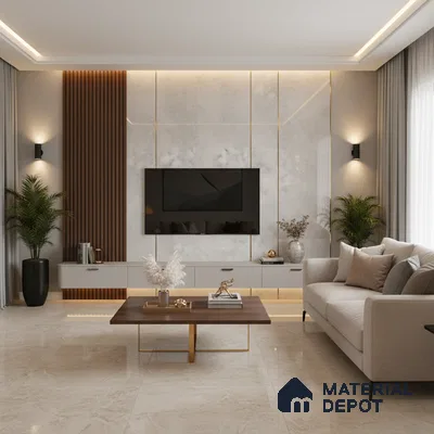 Modern living room with black marble laminate TV unit, walnut wood fluted panels, and beige marble floor tiles in Bengaluru
