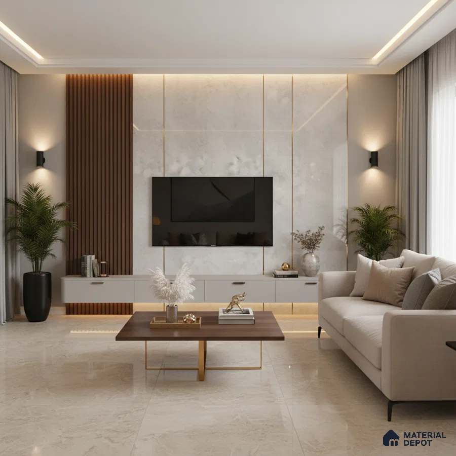 Modern living room with black marble laminate TV unit, walnut wood fluted panels, and beige marble floor tiles in Bengaluru