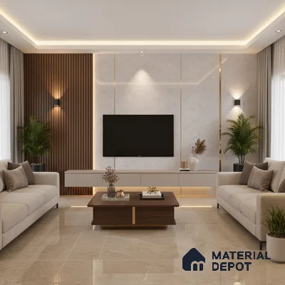 Modern living room with marble-look wall panels, beige marble floor tiles, and wooden vertical louvers in Bengaluru