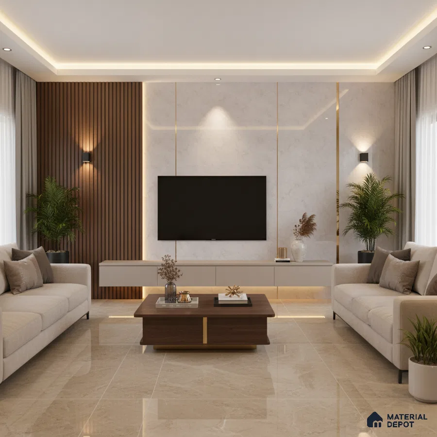 Modern living room with marble-look wall panels, beige marble floor tiles, and wooden vertical louvers in Bengaluru