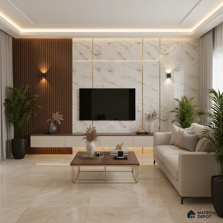 Modern living room with marble-look wall panels, wooden louvers, and beige marble floor tiles in Bengaluru