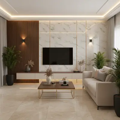 Modern living room with marble-look wall panels, wooden louvers, and beige marble floor tiles in Bengaluru