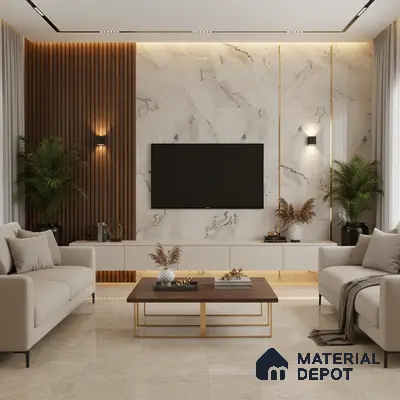 Modern living room with white marble laminate TV unit, walnut wood louvers, and beige marble floor tiles in Bengaluru