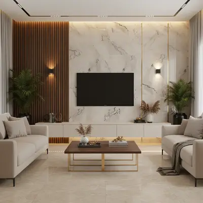 Modern living room with white marble laminate TV unit, walnut wood louvers, and beige marble floor tiles in Bengaluru
