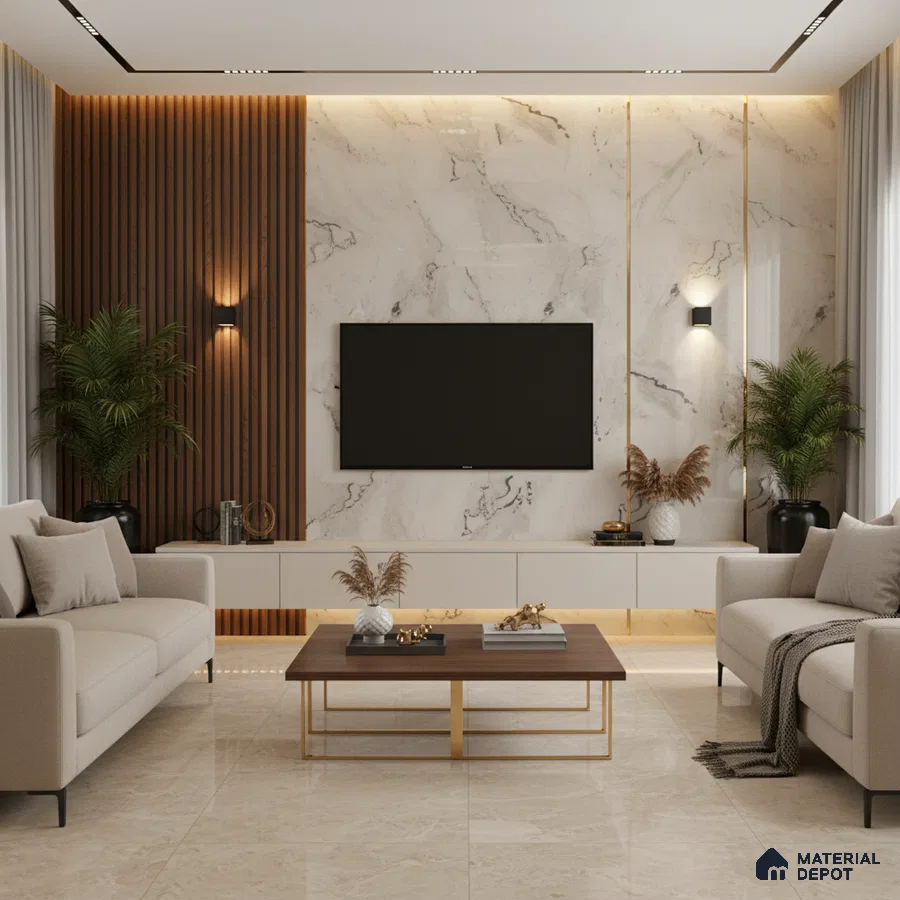 Modern living room with white marble laminate TV unit, walnut wood louvers, and beige marble floor tiles in Bengaluru