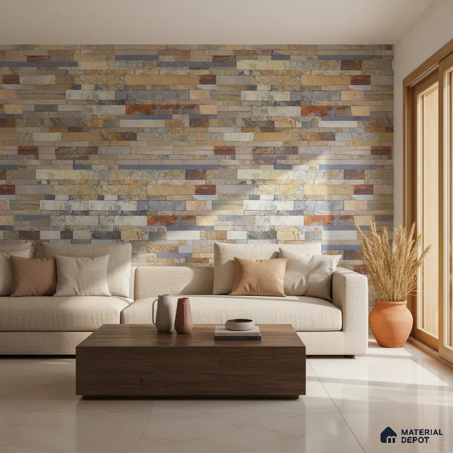 Modern living room with multicolor stacked stone cladding accent wall and beige marble floor tiles in Bengaluru