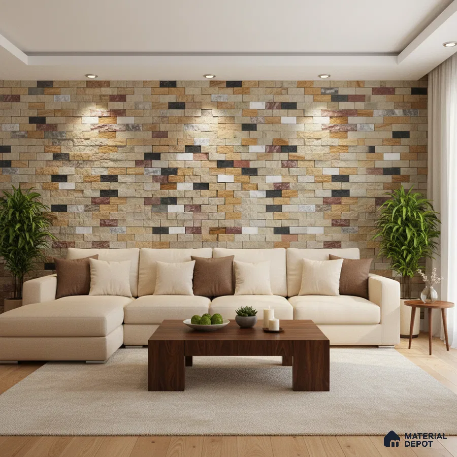 Modern living room with multicolor stone cladding accent wall and beige upholstery in Bengaluru