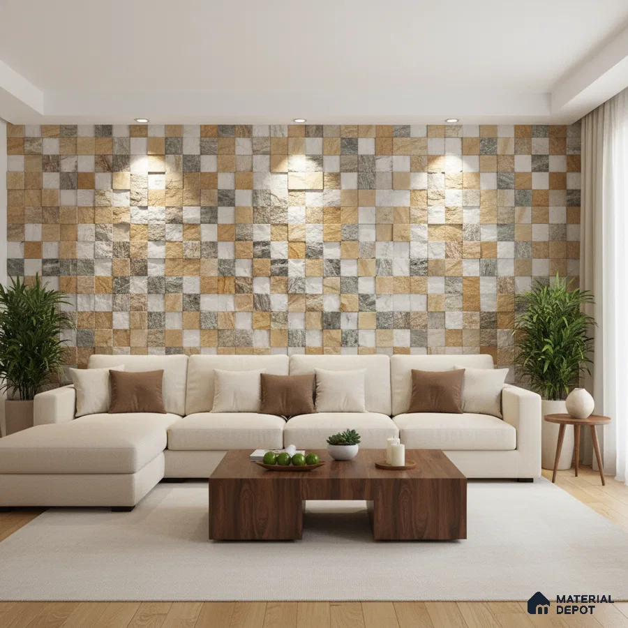 Modern living room with multicolor stone cladding accent wall and wooden flooring in Bengaluru