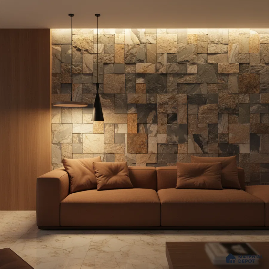 Modern living room with natural stone cladding accent wall and beige marble floor tiles in Bengaluru