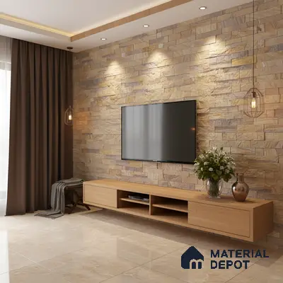 Modern living room with natural stone cladding accent wall and light oak laminate TV unit in Bengaluru