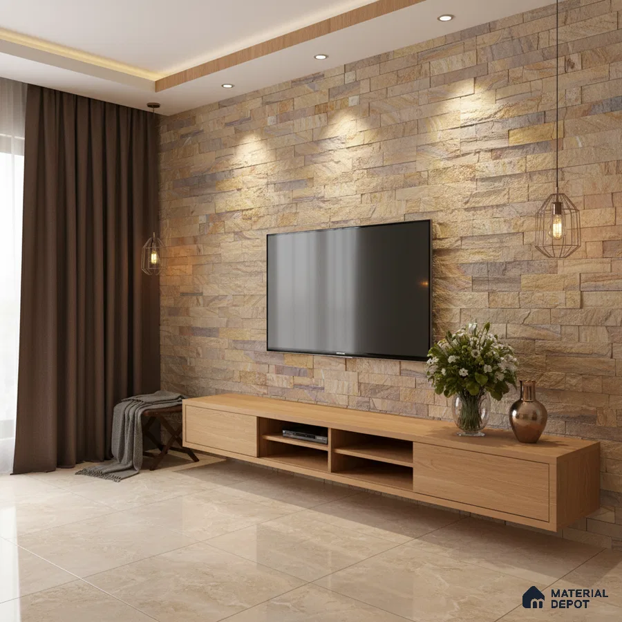 Modern living room with natural stone cladding accent wall and light oak laminate TV unit in Bengaluru