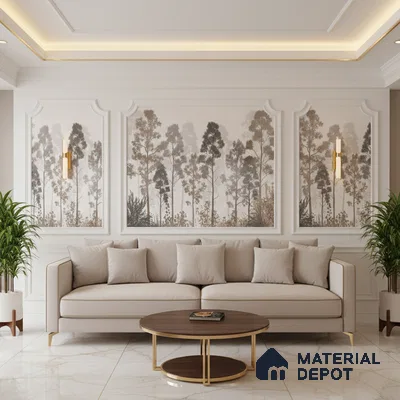 Modern living room with nature wallpaper panels, beige sofa, and white marble floor tiles in Bengaluru