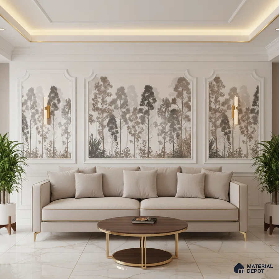 Modern living room with nature wallpaper panels, beige sofa, and white marble floor tiles in Bengaluru