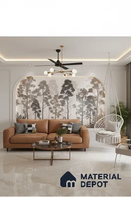 Modern living room with nature wallpaper, tan leather sofa, and polished marble floor tiles in Bengaluru