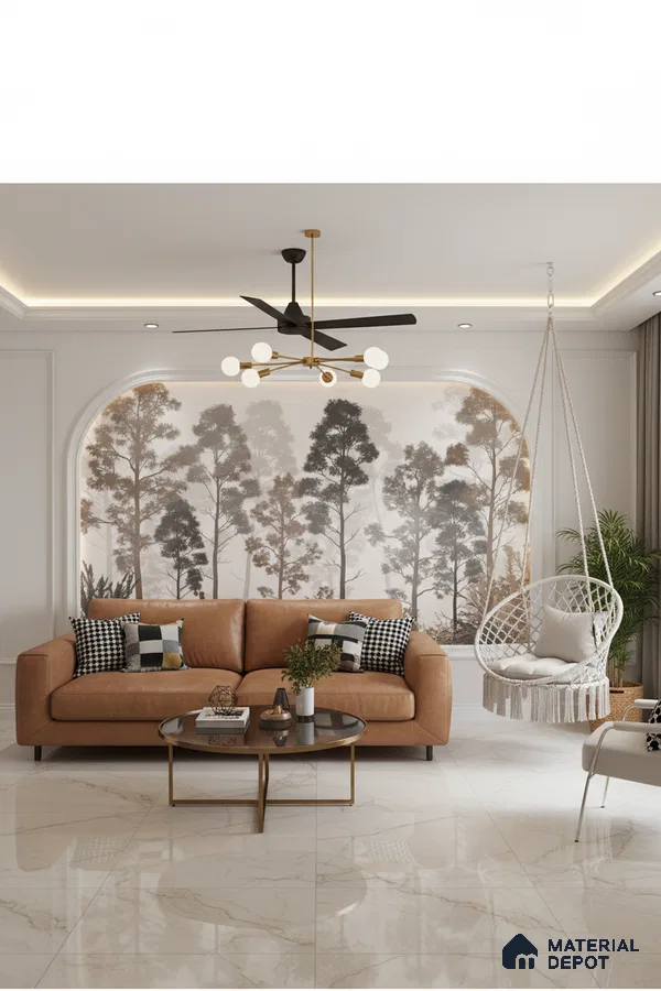 Modern living room with nature wallpaper, tan leather sofa, and polished marble floor tiles in Bengaluru