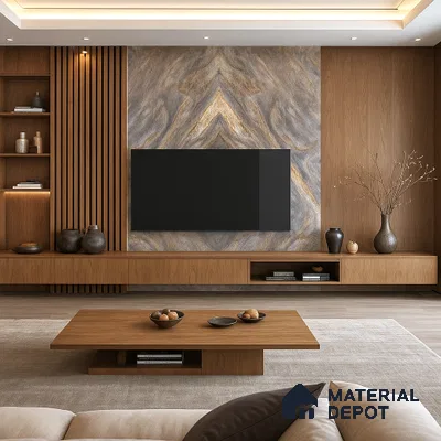 Modern living room with oak wood laminate, bookmatch marble-look laminate TV wall, and fluted wood panels in Purva-Riviera-Whitefield 3 BHK Bengaluru Apartment