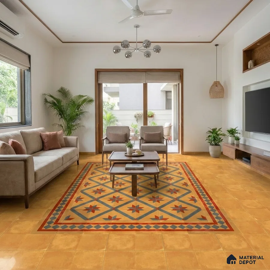 Modern living room with ochre patterned floor tiles and wooden TV unit