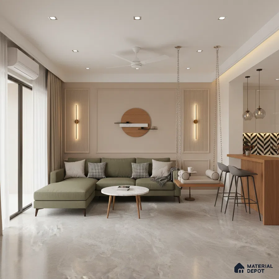 Modern living room with olive green sofa, beige wall panels, and marble look floor tiles in Bengaluru