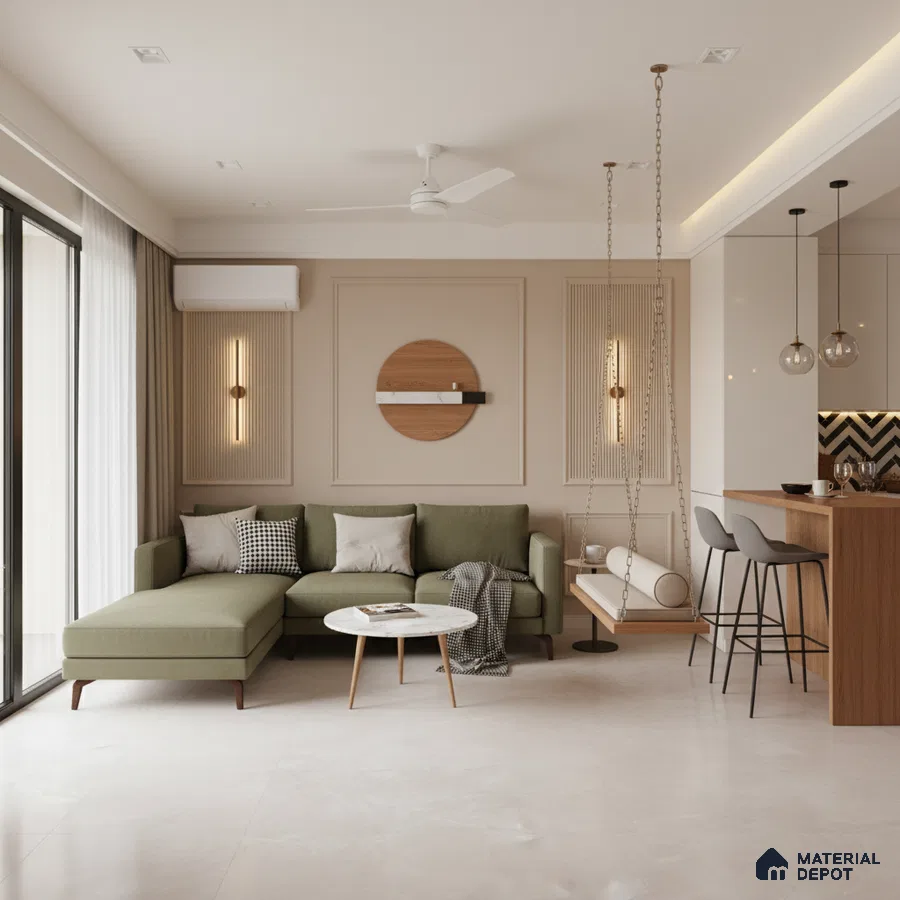Modern living room with olive green sofa, beige wall panels, and marble top coffee table in Bengaluru