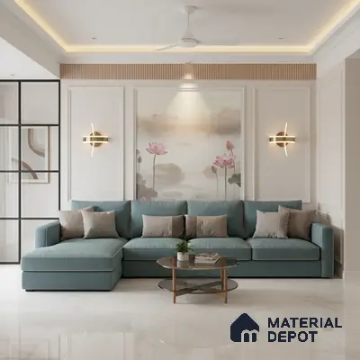Modern living room with pastel blue sofa, chinoiserie wallpaper, and white marble floor tile in Bengaluru