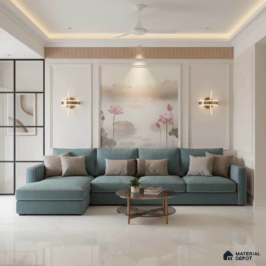Modern living room with pastel blue sofa, chinoiserie wallpaper, and white marble floor tile in Bengaluru