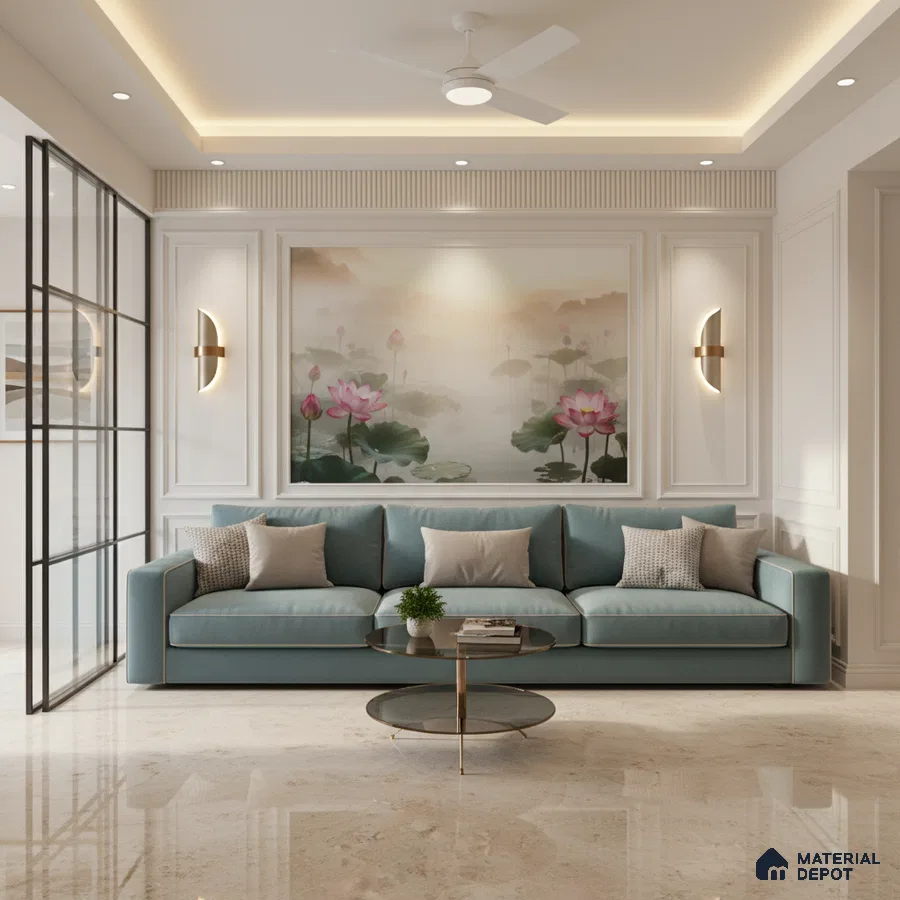 Modern living room with pastel blue sofa, marble floor tile, and lotus floral mural wallpaper in Bengaluru