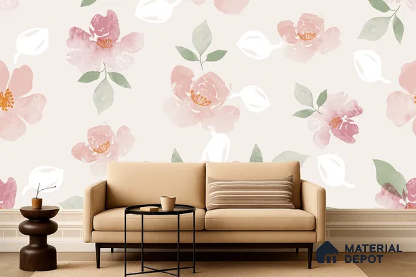 Modern living room with pastel floral wallpaper and beige fabric sofa in Bengaluru