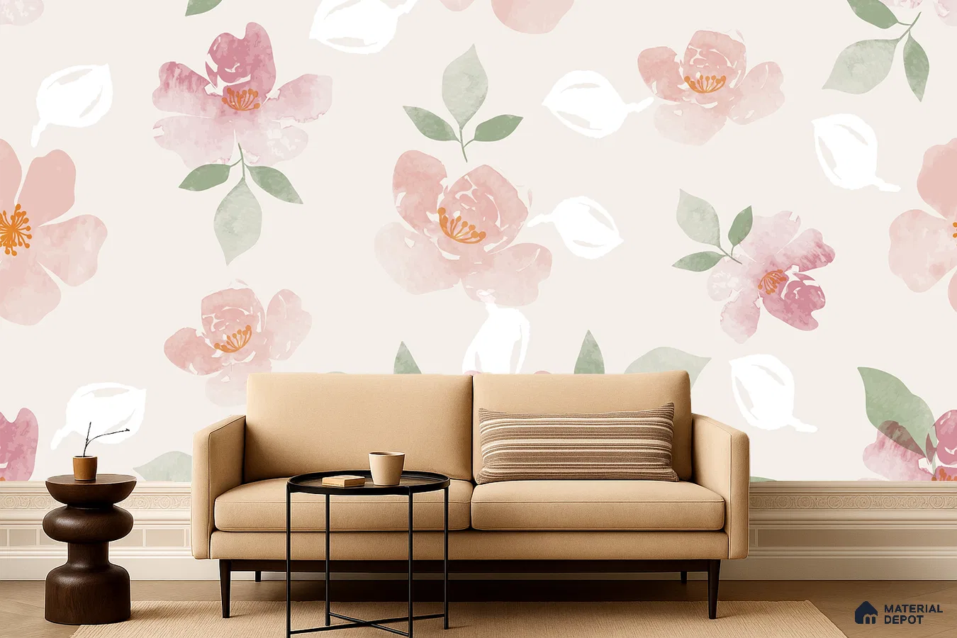 Modern living room with pastel floral wallpaper and beige fabric sofa in Bengaluru